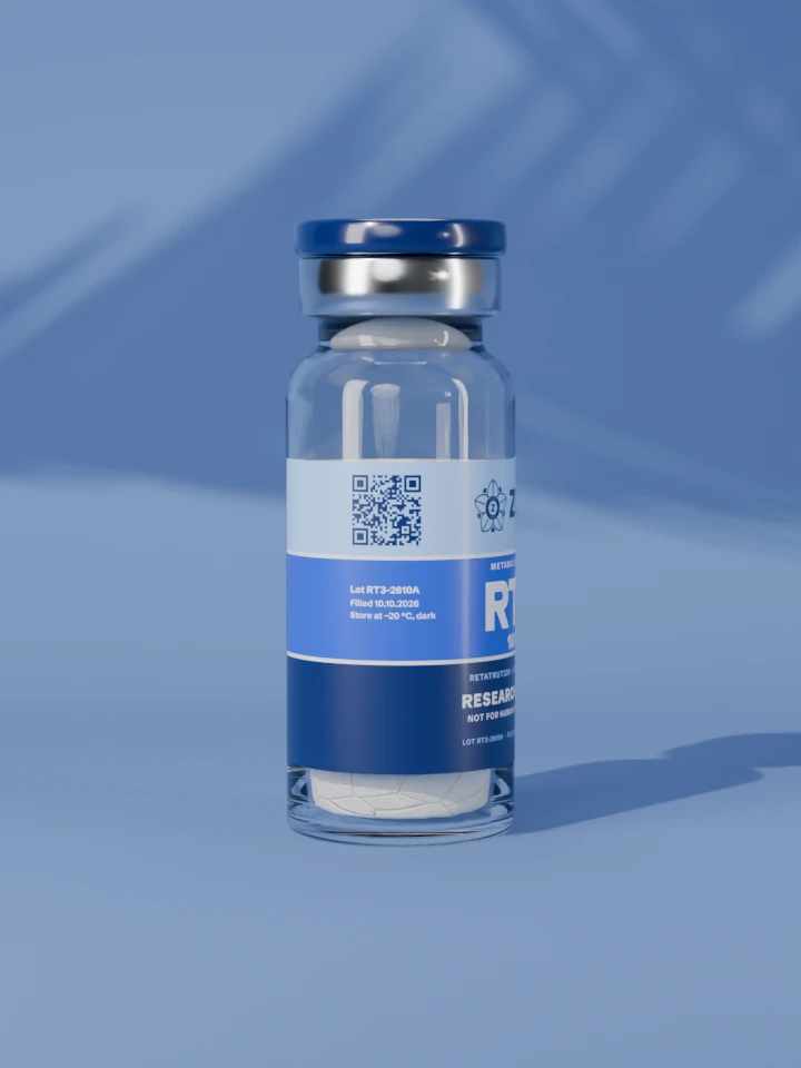 The lot side of the RT-3 vial: a code that opens the lot report, with the lot number, fill date and storage line